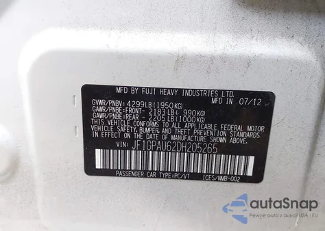 2013 Subaru Impreza 2.0I Sport Limited из США, поврежденный, VIN JF1GPAU62DH205265